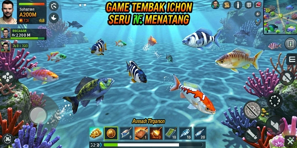 Screenshot utama A200M menampilkan aksi tembak ikan yang seru.