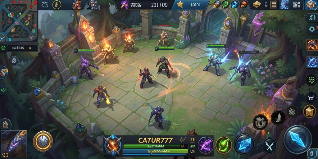 Screenshot gameplay CATUR777 yang menunjukkan pertempuran seru MOBA.