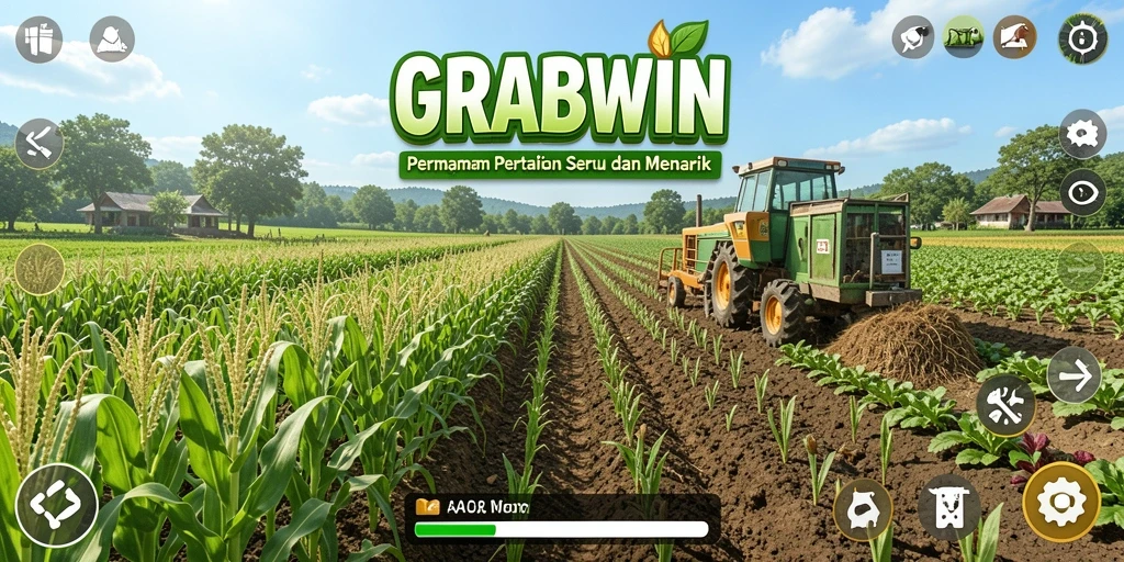 Tangkapan layar gameplay GRABWIN yang menampilkan aktivitas pertanian yang seru.