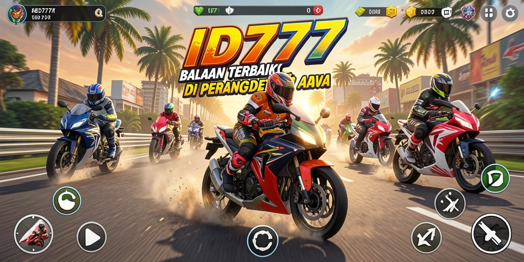 Screenshot utama ID777 menampilkan kecepatan tinggi dalam balapan motor.