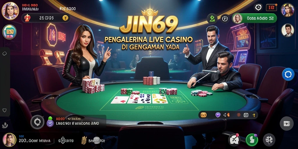 Tangkapan layar gameplay JIN69 menampilkan dealer profesional dan meja taruhan yang menarik.