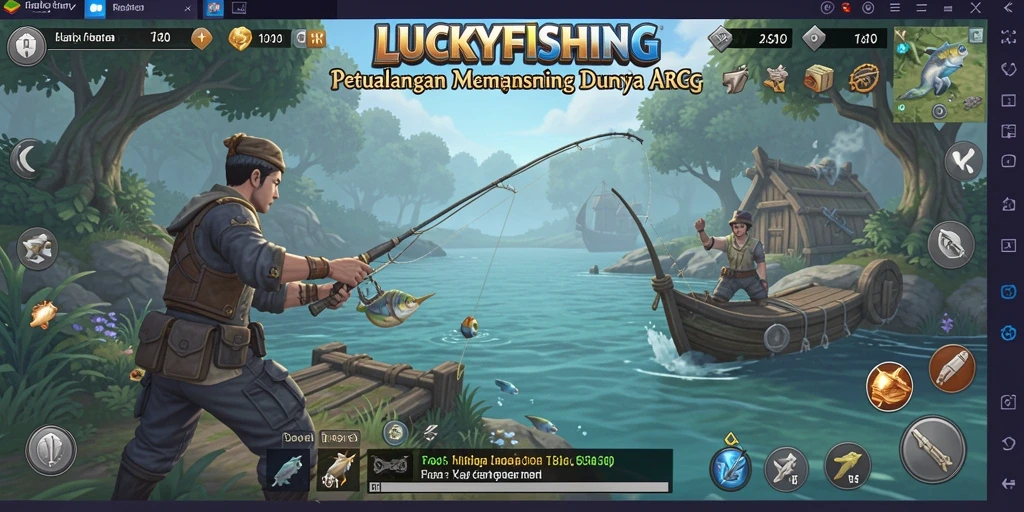 Screenshot gameplay ARPG LUCKYFISHING menampilkan aksi memancing yang mendebarkan.