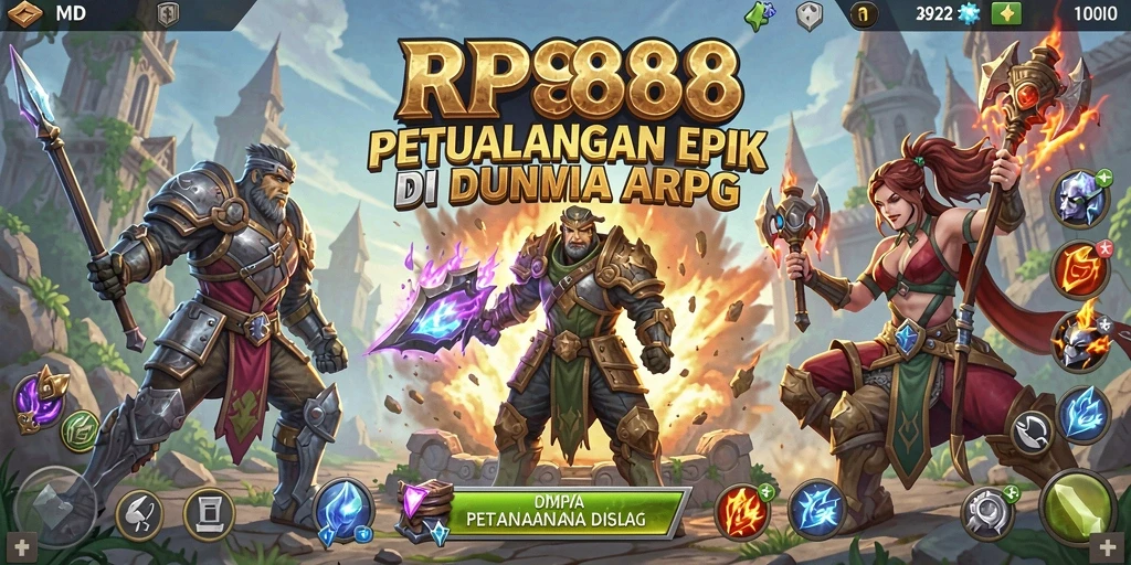 Screenshot gameplay RP888 menampilkan pertarungan seru dalam dunia fantasi.
